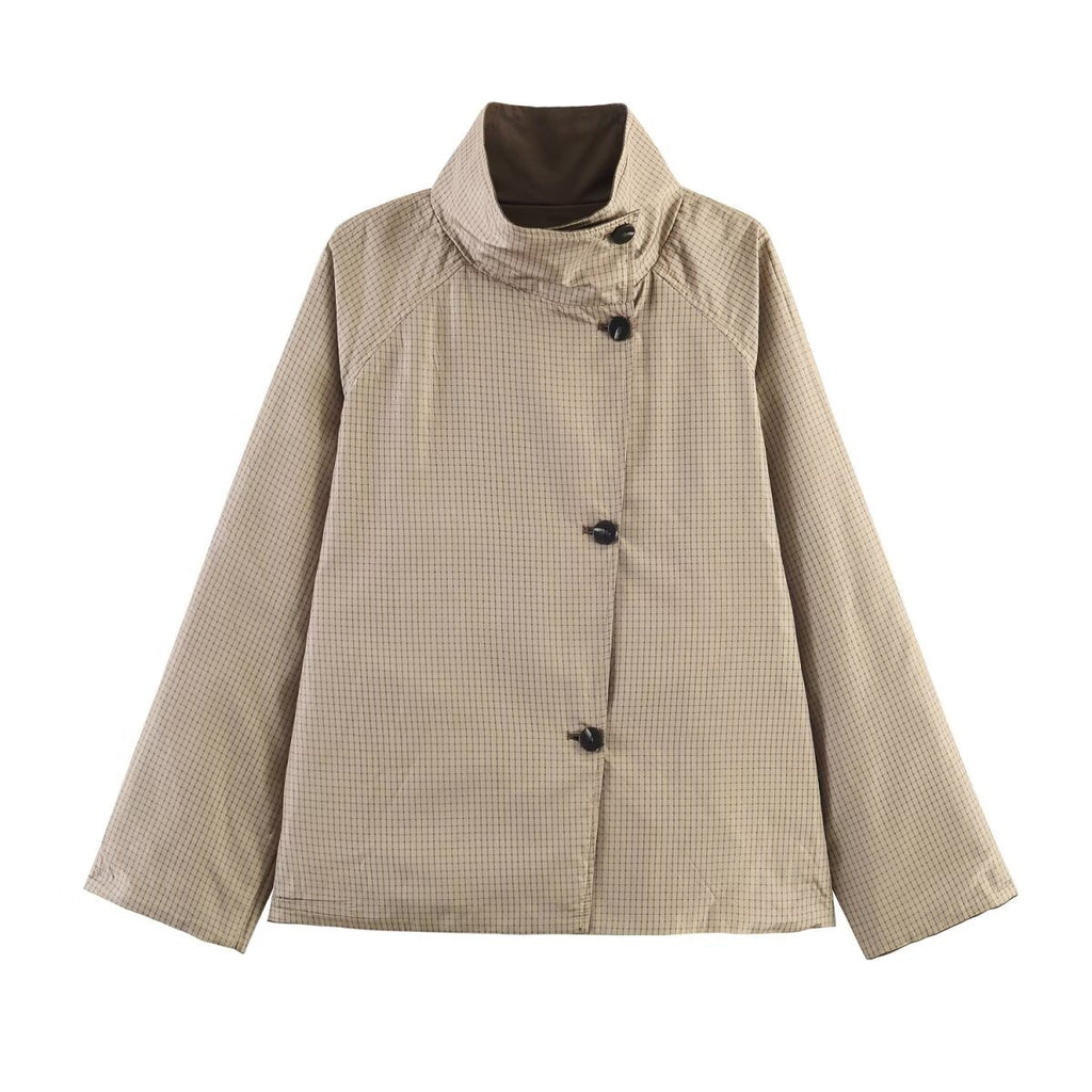 Women's Oversized Short Coat with High Stand Collar, Raglan Sleeves and Concealed Button Placket Fashion Glam