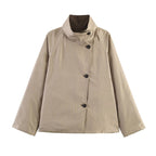 Women's Oversized Short Coat with High Stand Collar, Raglan Sleeves and Concealed Button Placket Fashion Glam