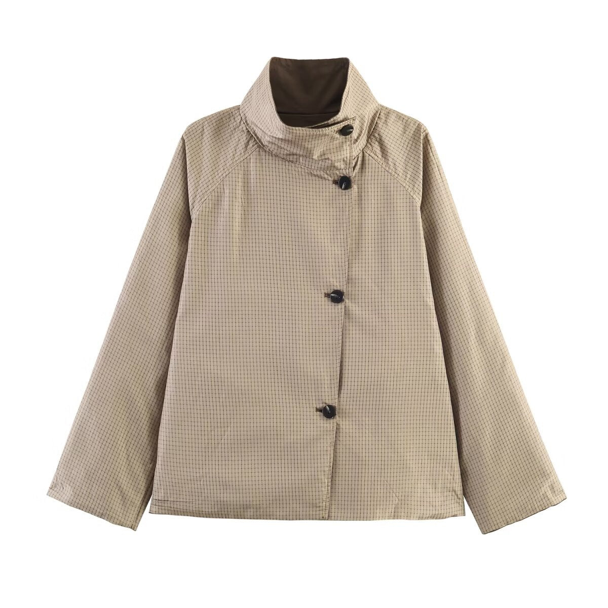 Women's Oversized Short Coat with High Stand Collar, Raglan Sleeves and Concealed Button Placket Fashion Glam