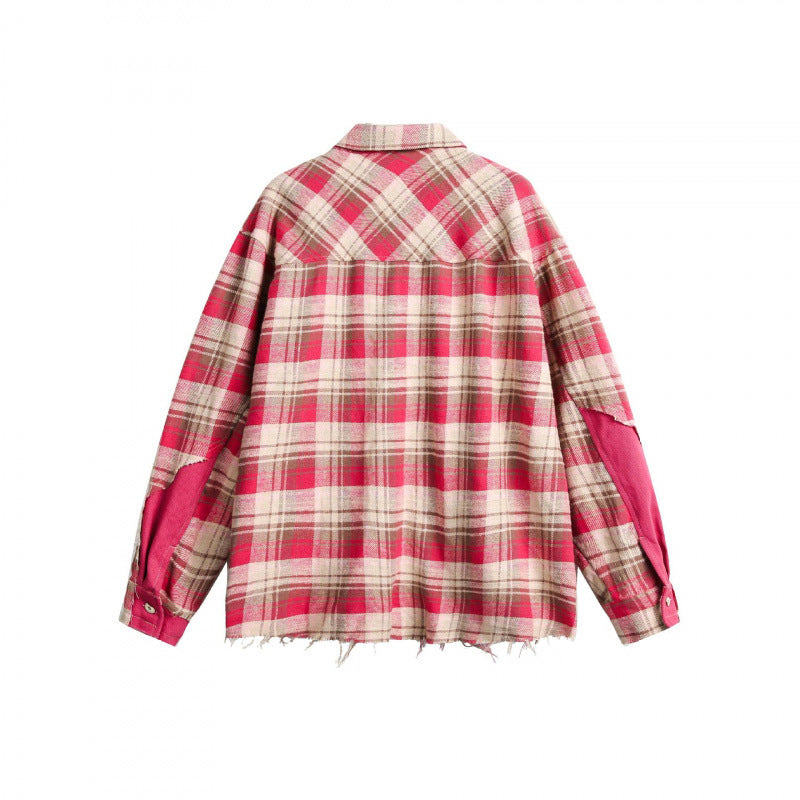 Unisex Oversize Shirt Jacket in Checked Vintage Look with Raw Hem and Contrast Patch Fashion Glam