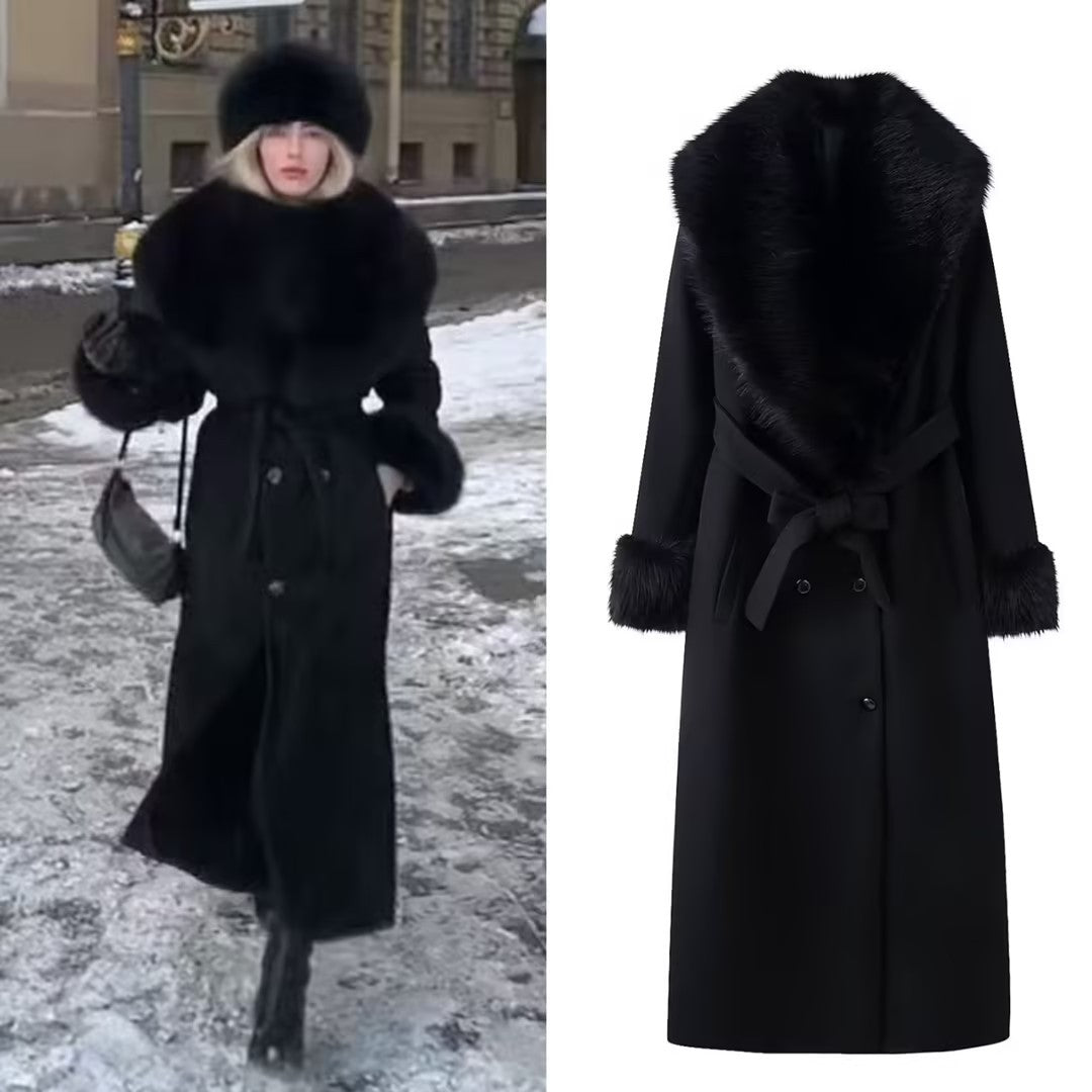 Women Longer Elegant Wool Blend Coat with Wide Faux Fur Collar, Belt and Fur Cuffs Fashion Glam