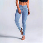 Women High-Waist Sculpting-Skinny-Jeans with waist-shaping V-waistband and double-button closure Fashion Glam