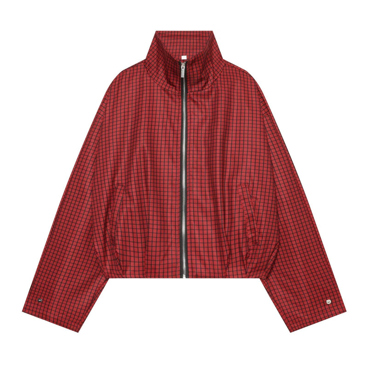 Women's Checked Cropped Bomber Jacket with High Stand Collar, Elastic Hem and Full Zip Fashion Glam