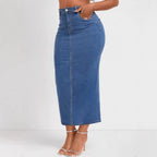 Women High-Waisted Stretch Denim Midi Skirt with Visible Center Seam and Five-Pocket Design Fashion Glam