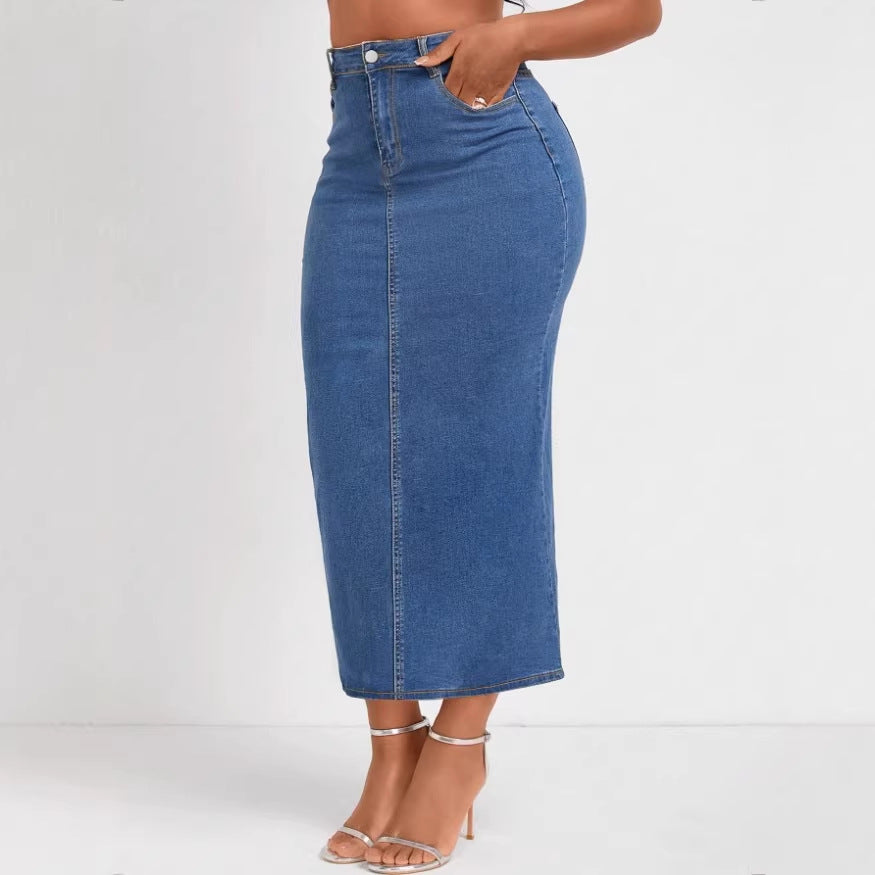 Women High-Waisted Stretch Denim Midi Skirt with Visible Center Seam and Five-Pocket Design Fashion Glam