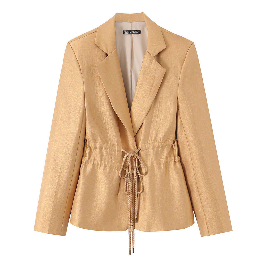 Ladies Tailored Satin Blazer with Drawstring, Revers Collar and Casual Silhouette Fashion Glam
