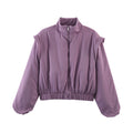 Women Short Cropped Puffer Jacket with Stand-up Collar, Zipper, and Elastic Waist Fashion Glam