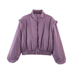 Women Short Cropped Puffer Jacket with Stand-up Collar, Zipper, and Elastic Waist Fashion Glam