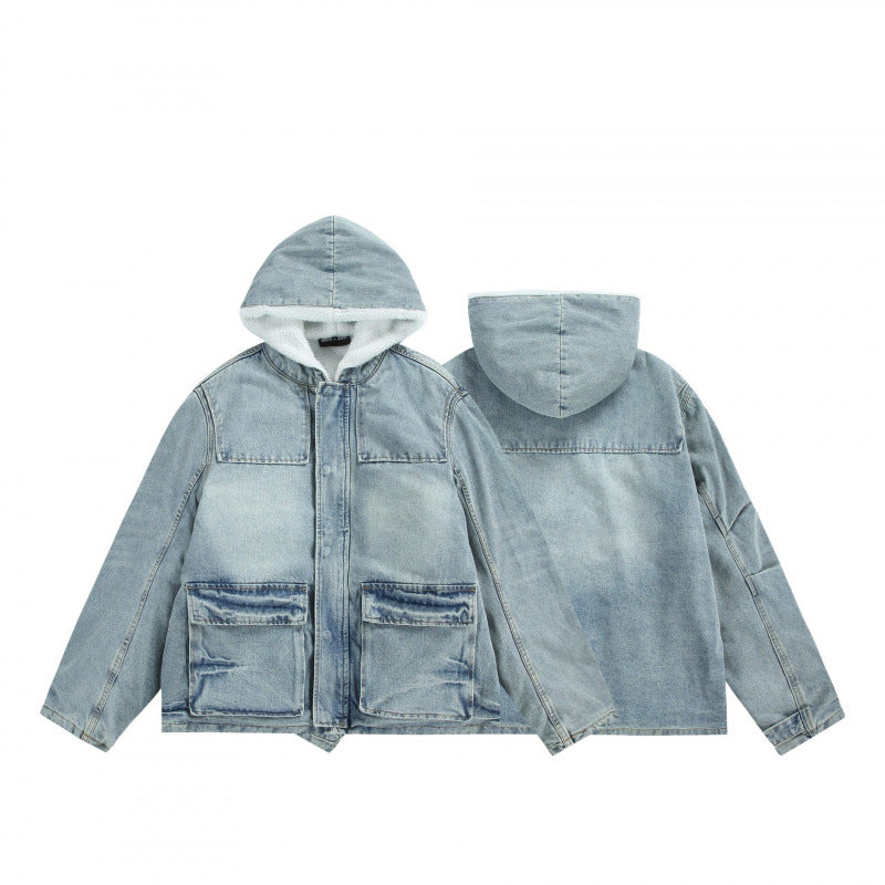 Unisex Hooded Denim Parka in Used Look with Teddy Fleece Lining and Flap Pockets Fashion Glam
