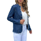 Women's tailored denim jacket with fringe trim and decorative button placket Fashion Glam