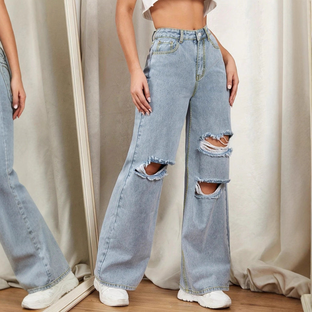 Ladies high-waisted baggy jeans in wide-leg with multi-level knee cutouts Fashion Glam