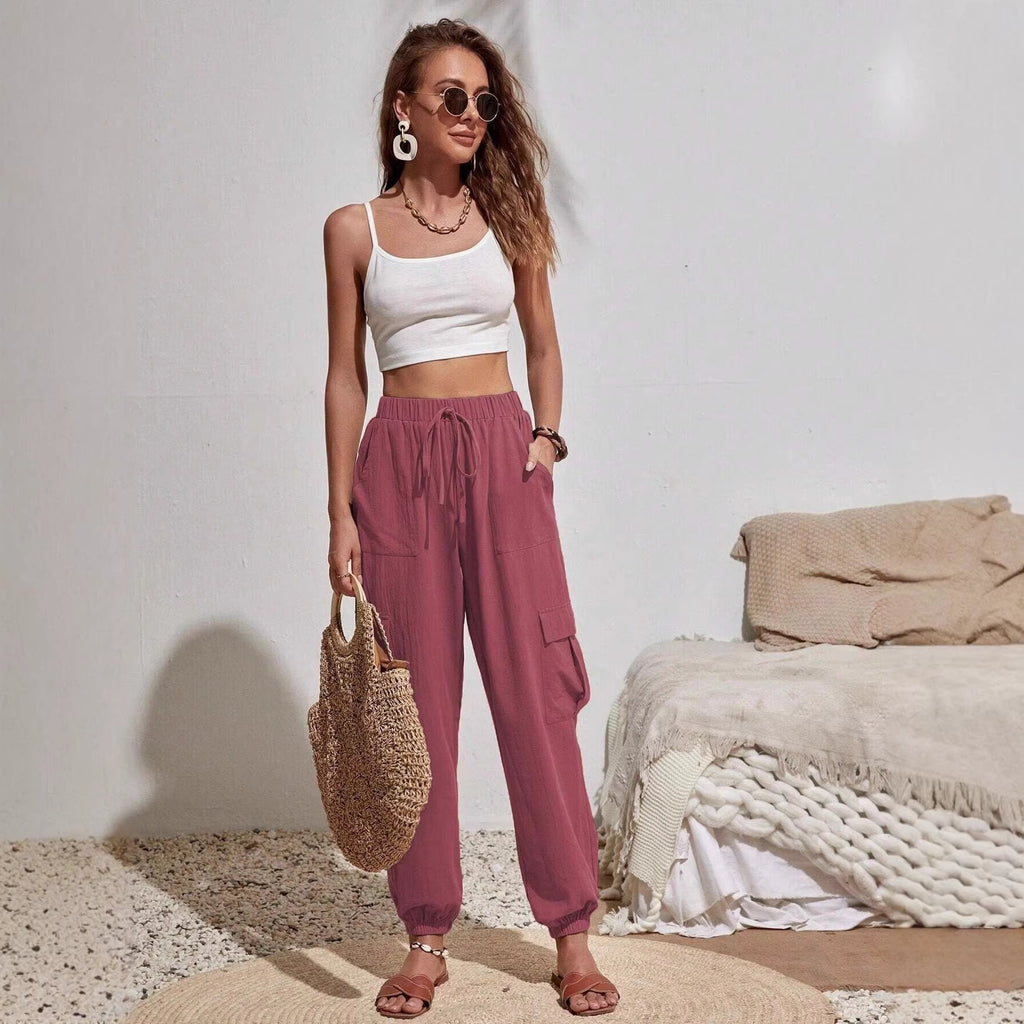 Women's Lightweight Cargo Jogging Pants with Drawstring, Elastic Waistband and Elastic Cuffs Fashion Glam