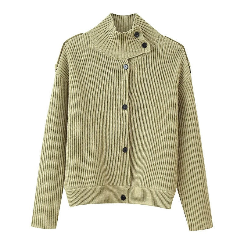 Women's Ribbed Knitted Cardigan with Stand-up Collar and Shoulder Button Detail Fashion Glam
