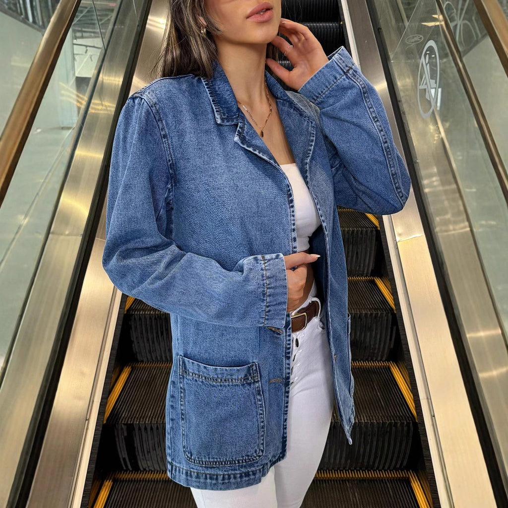Ladies Longline Denim Jacket with casual oversized cut and patch pockets Fashion Glam