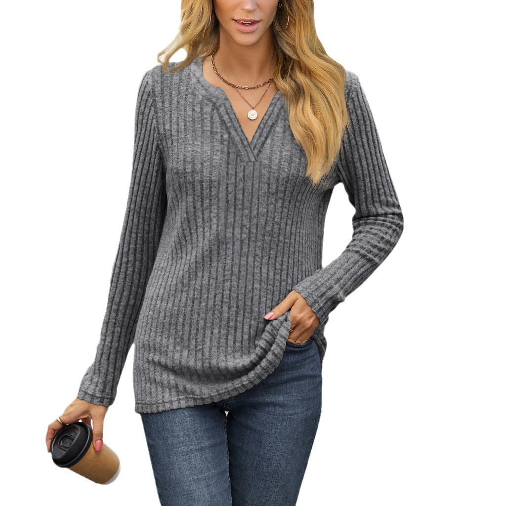 Ladies fine ribbed knit shirt with deep V-neck and tunic length Fashion Glam