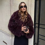 Ladies Short Boxy Plush Jacket in Shaggy Look with Dropped Lapel Fashion Glam