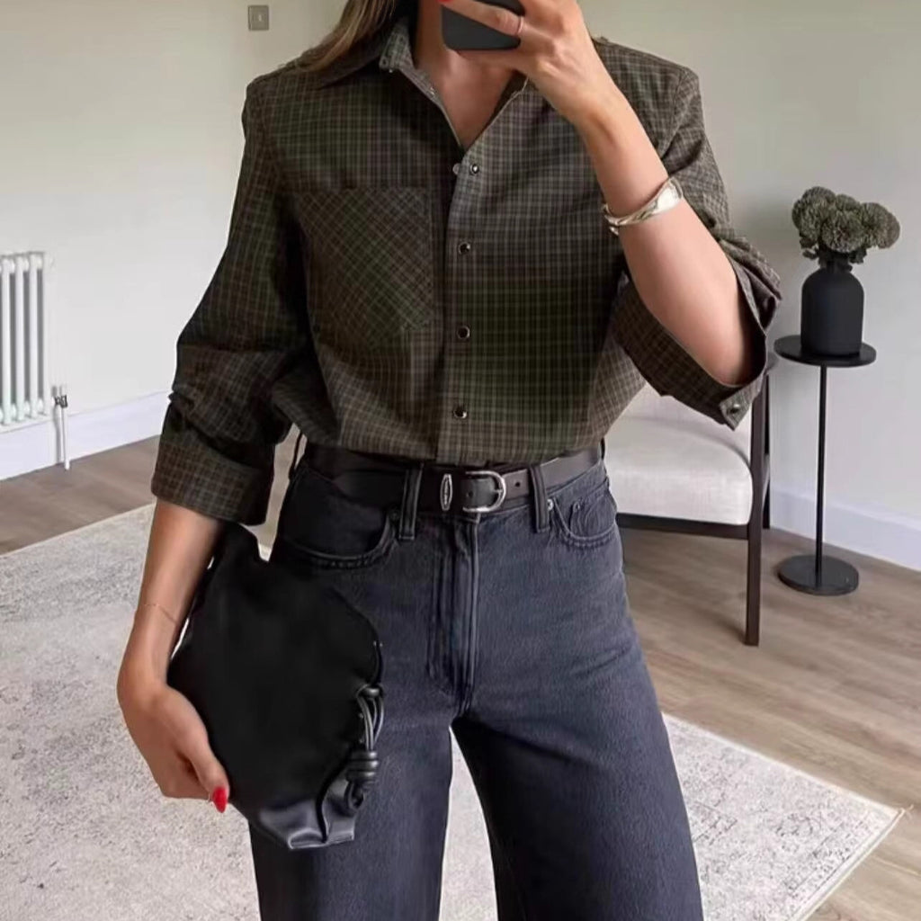 Women Oversize Check Shirt with Chest Pocket and Curved Hem Fashion Glam