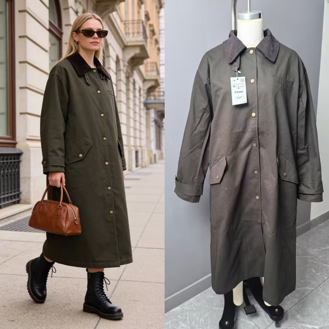 Women’s Long Waterproof Oversized Coat with Cord Collar, Snap Button Placket and Flap Pockets Fashion Glam