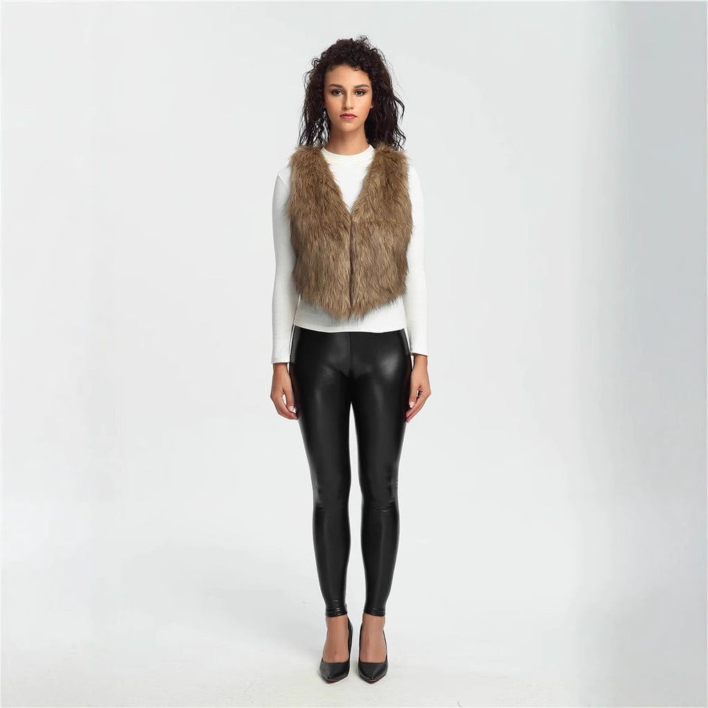 Women's Cropped Faux Fur Vest with Natural Shaggy Texture and V-Neck Fashion Glam