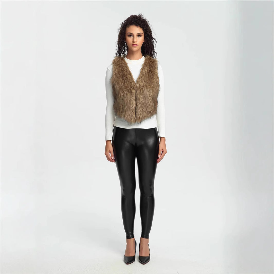 Women's Cropped Faux Fur Vest with Natural Shaggy Texture and V-Neck Fashion Glam