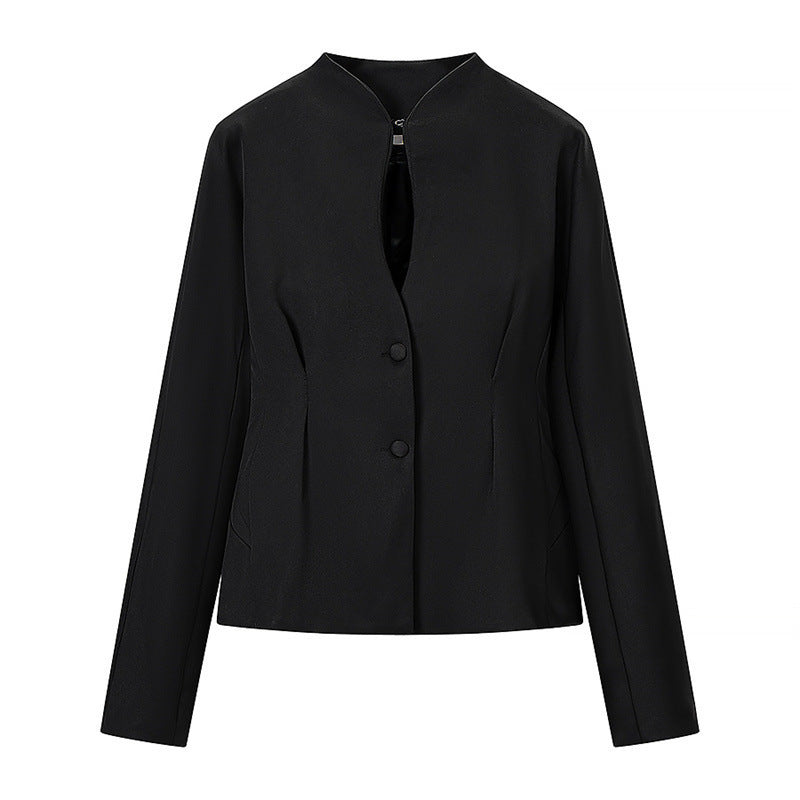 Women's Tailored Short Blazer without Lapels with Stand-Up Collar Look and Shaping Seams Fashion Glam
