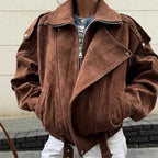 Women’s Oversized Faux Suede Aviator Jacket with Waist Belt, Epaulettes, and Stand-Up Collar Fashion Glam
