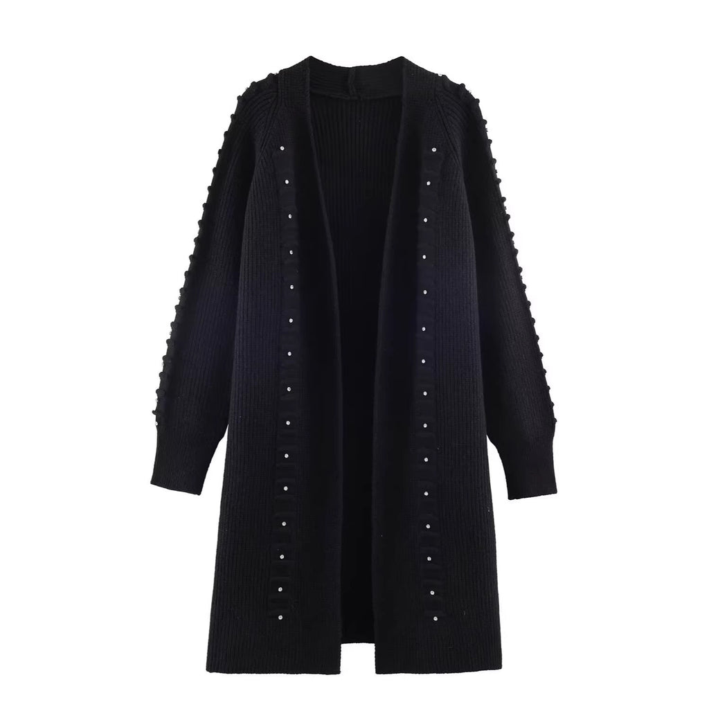 Women Longline Knit Cardigan with Pearl Trim and Ribbed Cuffs Fashion Glam