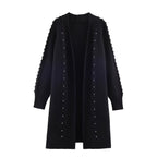 Women Longline Knit Cardigan with Pearl Trim and Ribbed Cuffs Fashion Glam