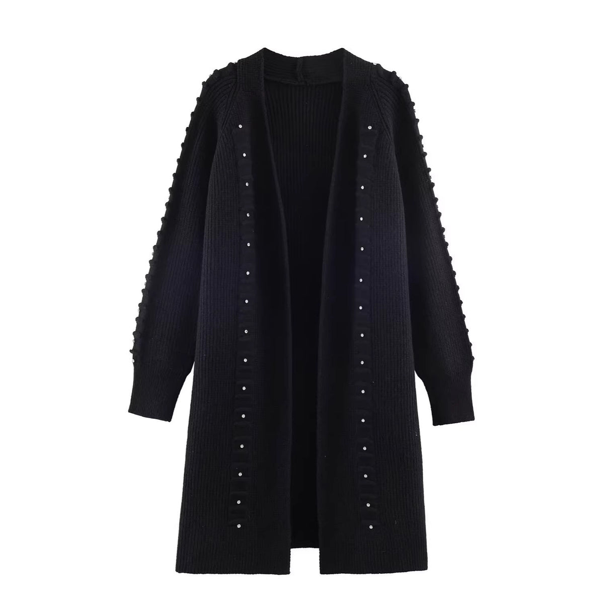 Women Longline Knit Cardigan with Pearl Trim and Ribbed Cuffs Fashion Glam
