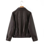 Women Oversized Faux Leather Bomber Jacket with Flap Pockets and Asymmetrical Zipper Fashion Glam