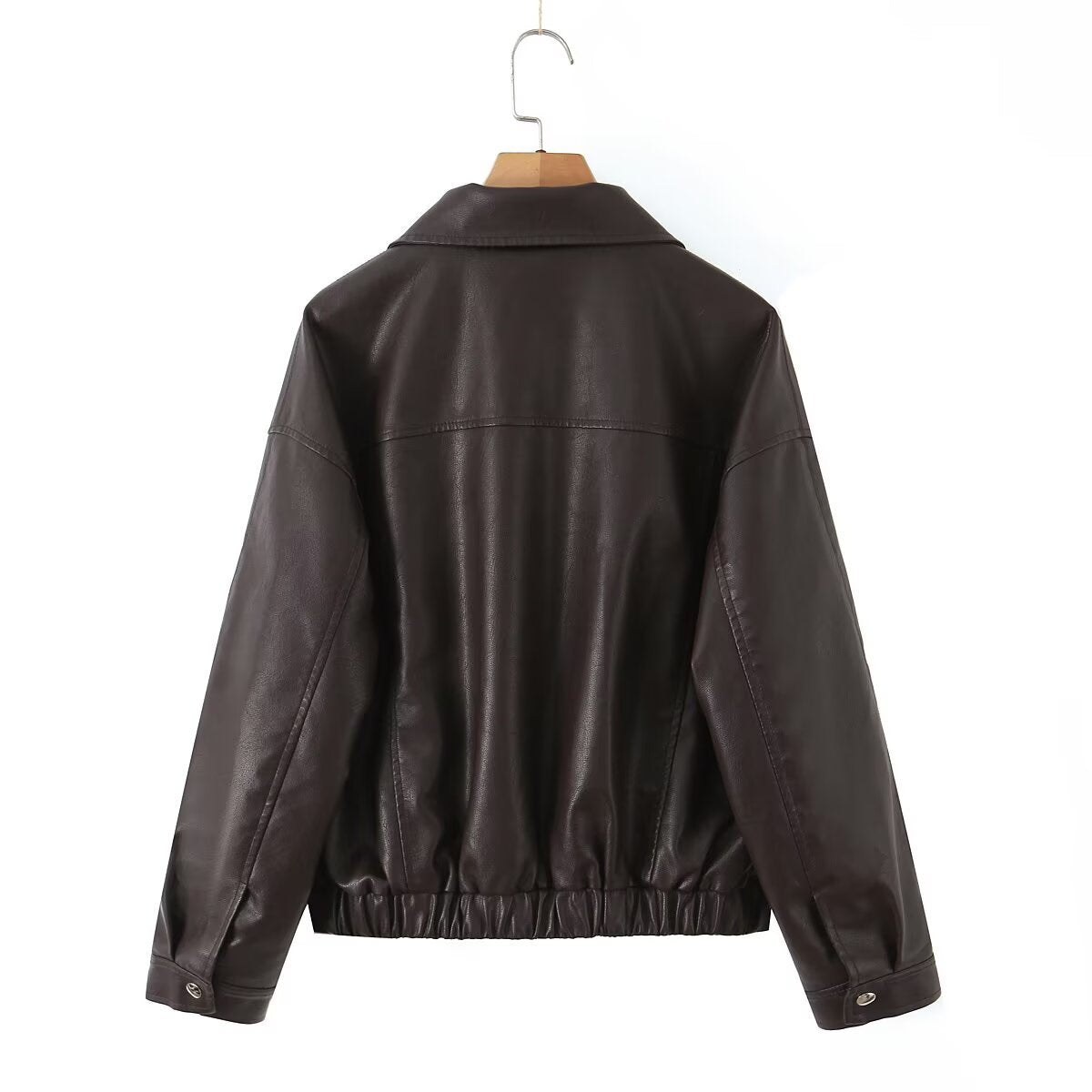 Women Oversized Faux Leather Bomber Jacket with Flap Pockets and Asymmetrical Zipper Fashion Glam