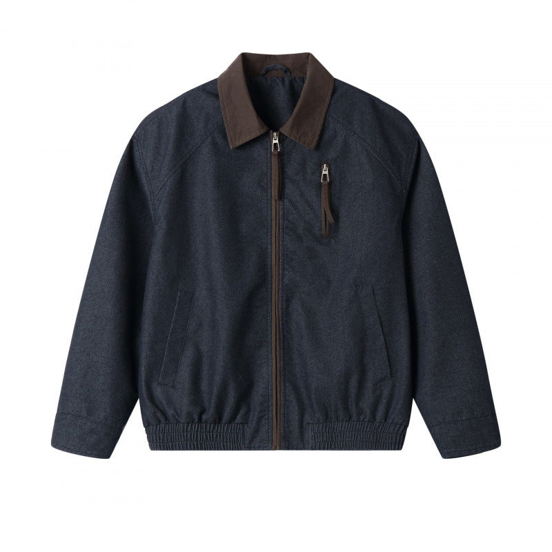 Men's short canvas jacket with corduroy collar, chest zipper, and elastic hem Fashion Glam