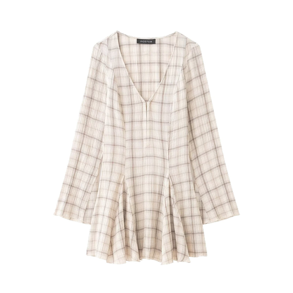 Women's Lightweight V-Neck Midi Dress with Check Pattern, Tailored Godet Skirt and Crinkle Structure Fashion Glam