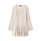 Women's Lightweight V-Neck Midi Dress with Check Pattern, Tailored Godet Skirt and Crinkle Structure Fashion Glam