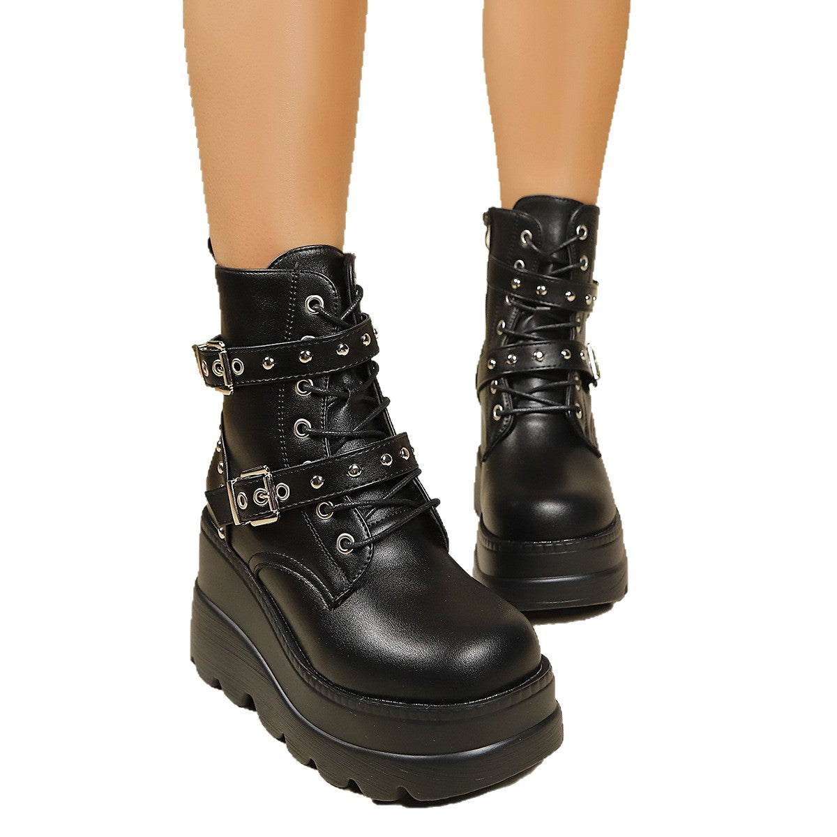 Ladies Padded Platform Biker Ankle Boots with Buckles and Studs Fashion Glam