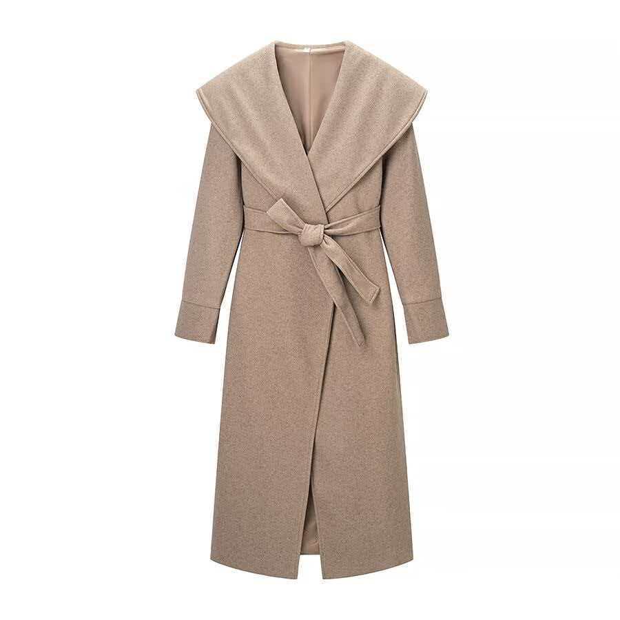 Ladies Maxi Coat with Oversized Shawl Collar, Wrap Belt and Rolled-Up Cuffs Fashion Glam