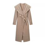 Ladies Maxi Coat with Oversized Shawl Collar, Wrap Belt and Rolled-Up Cuffs Fashion Glam