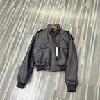Women's Short PU Leather Bomber Jacket with High Stand-Up Collar, Flap Pockets and Shoulder Epaulettes Fashion Glam