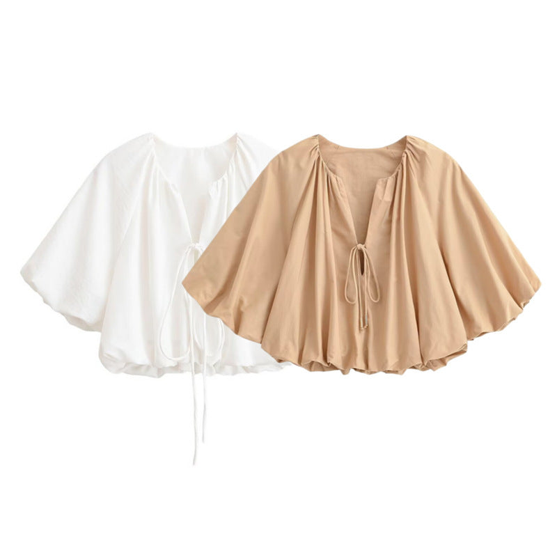 Women's Oversize Cape Blouse with Drawstring, Balloon Sleeves and Gathered Hem Fashion Glam