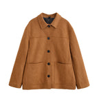 Women's Boxy Utility Jacket in Suede Look with Shirt Collar and Large Patch Pockets Fashion Glam