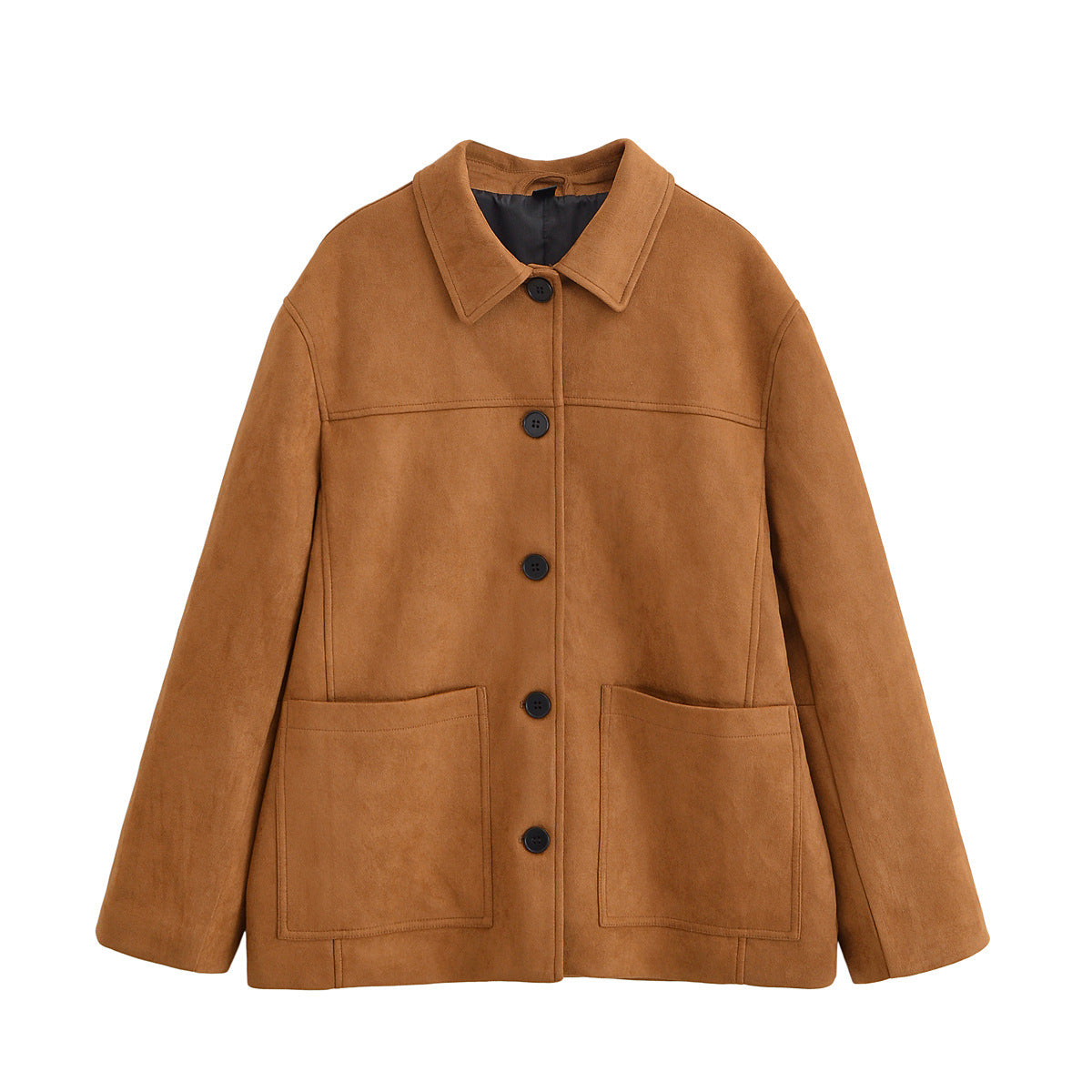 Women's Boxy Utility Jacket in Suede Look with Shirt Collar and Large Patch Pockets Fashion Glam