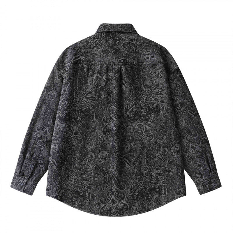 Unisex Oversized Shirt Jacket with Paisley Jacquard, Full Button Placket and Chest Pocket Fashion Glam