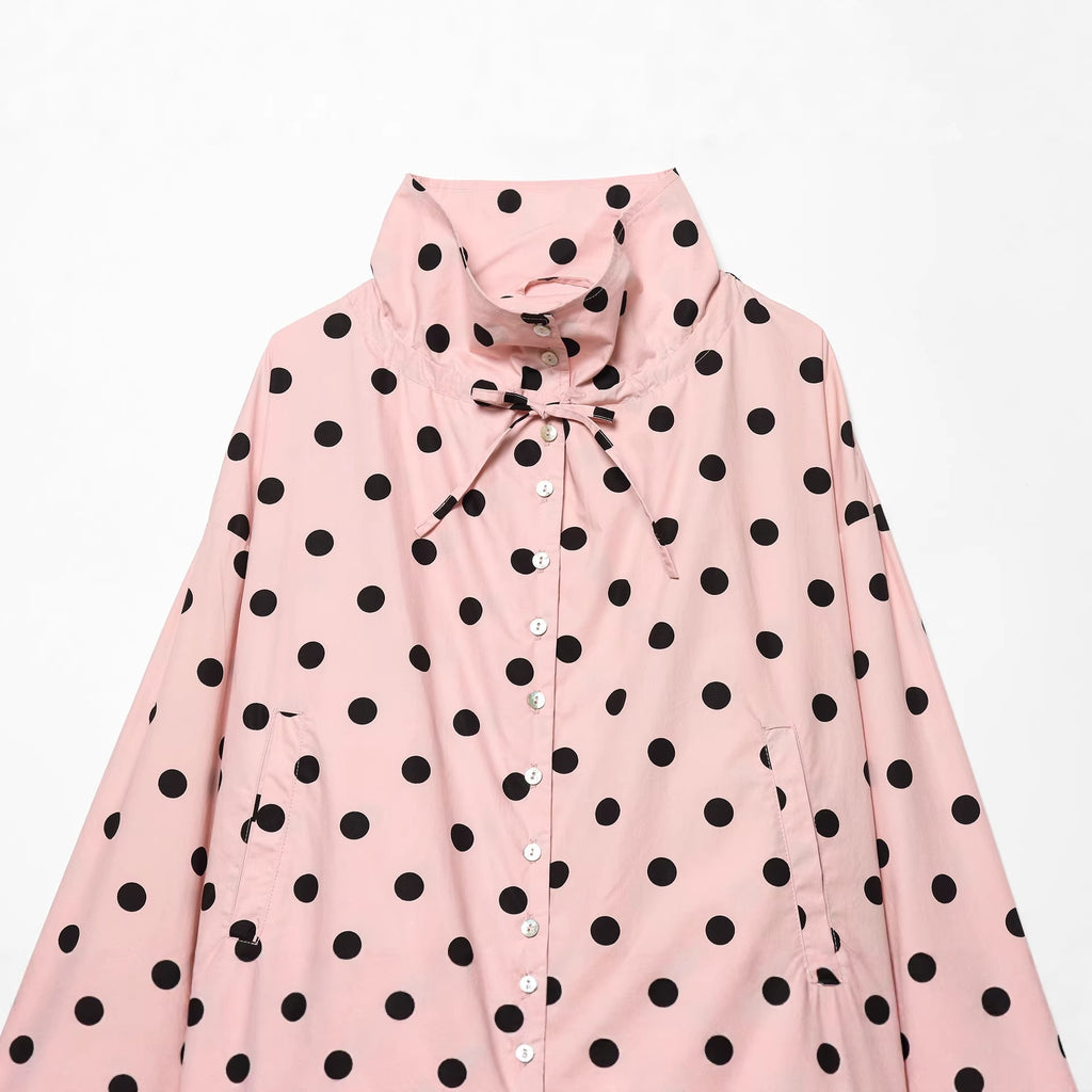 Women's Polka Dot Cropped Blouson Jacket with High Stand Collar, Drawstring and Button Placket Fashion Glam