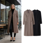 Women's Elegant Wool Look Maxi Coat with Concealed Button Placket and Patch Pockets Fashion Glam