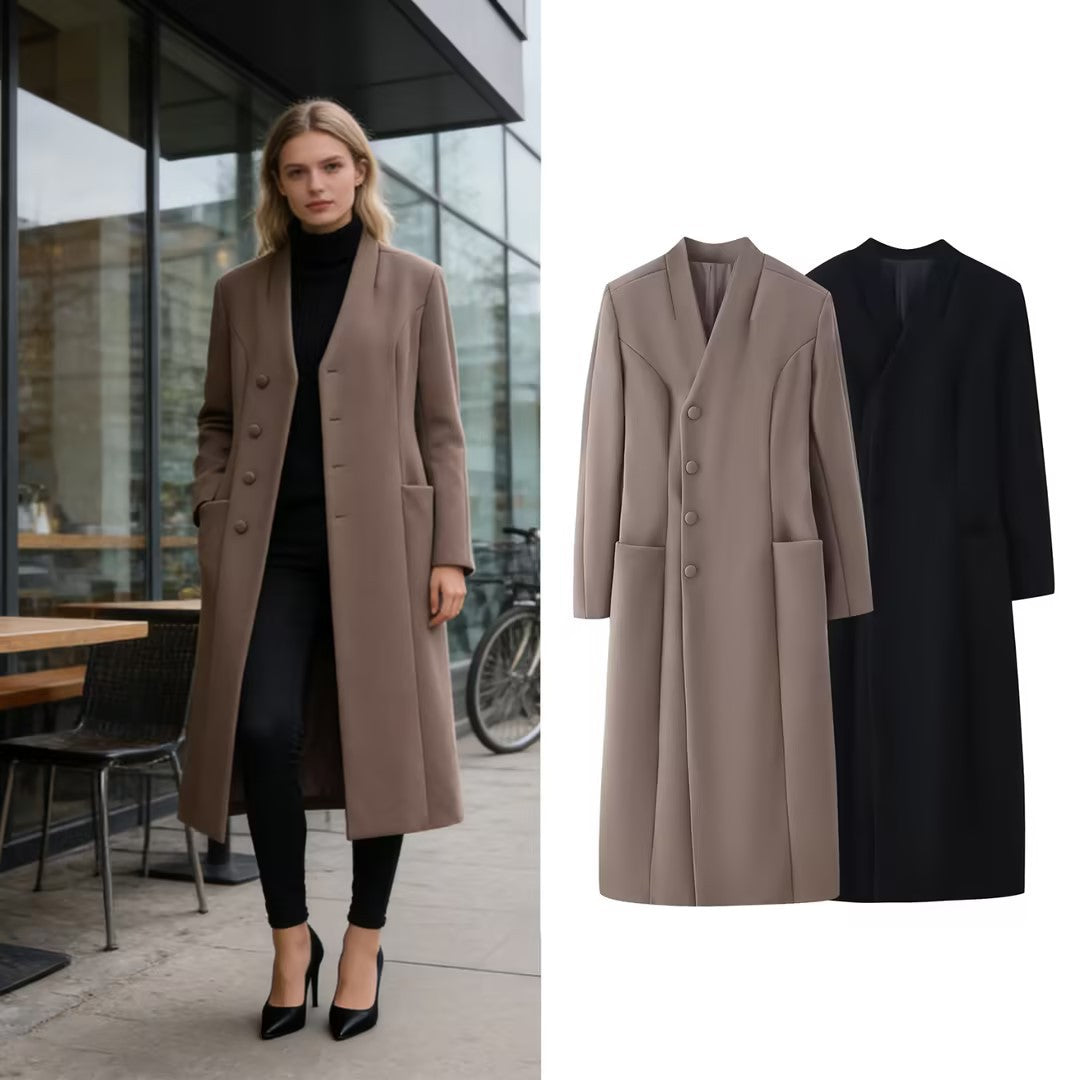 Women's Elegant Wool Look Maxi Coat with Concealed Button Placket and Patch Pockets Fashion Glam