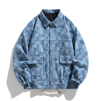 Men's oversized checkered denim jacket with snap buttons, flap pockets, and drawstring Fashion Glam