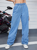 Women's Wide Denim Pants with Elastic Waistband and Gathered Hem Fashion Glam