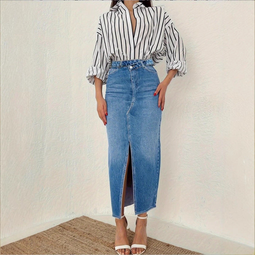 Women Retro-inspired High-Waist Denim Midi Skirt with Central Front Slit and Fitted Silhouette Fashion Glam