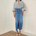 Women Retro-inspired High-Waist Denim Midi Skirt with Central Front Slit and Fitted Silhouette Fashion Glam
