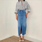 Women Retro-inspired High-Waist Denim Midi Skirt with Central Front Slit and Fitted Silhouette Fashion Glam